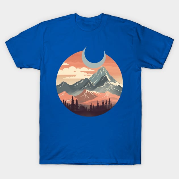 Foggy Mountains and clouds Giand Moon Adventure Spirit Design T-Shirt by yambuto